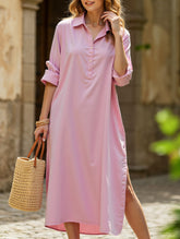 Lapel Button Side Slit Casual Midi Dress